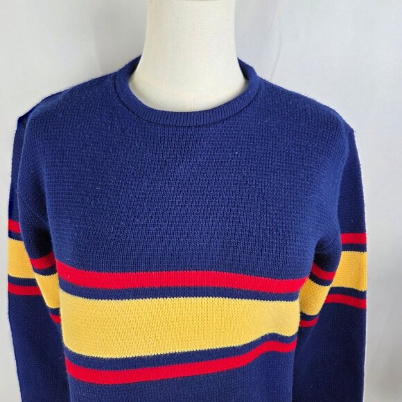 Vintage 80s Jersild Knit Crewneck Sweater Size 38 Navy Red Yellow Stripes Preppy - Picture 3 of 7